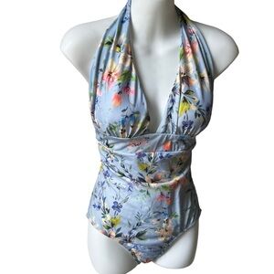 Shoshanna swimwear deep-V floral halter one piece swimsuit. Size 4 EUC